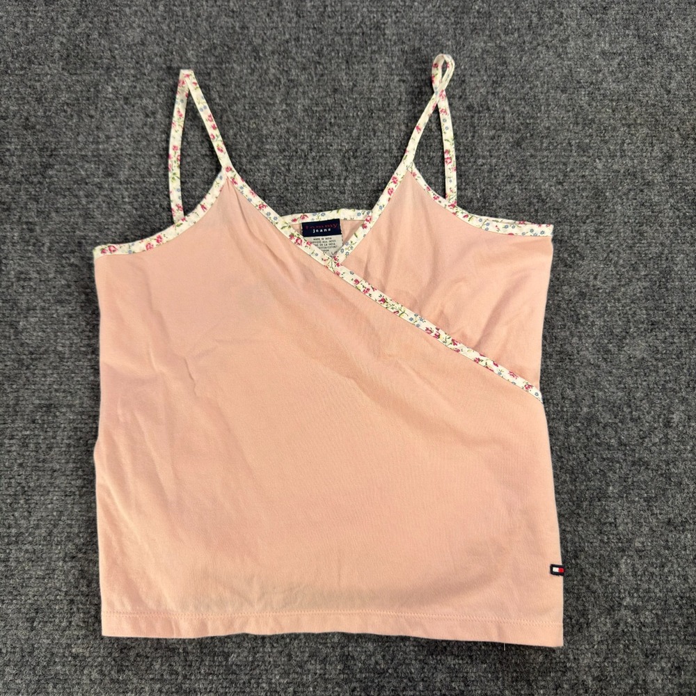 Tommy Jeans Y2K Cotton Floral Trim Women's Large Wrap Cami Top Pink Preppy NWT